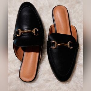 Black Leather Mules with Gold Horsebit Buckle Size 10